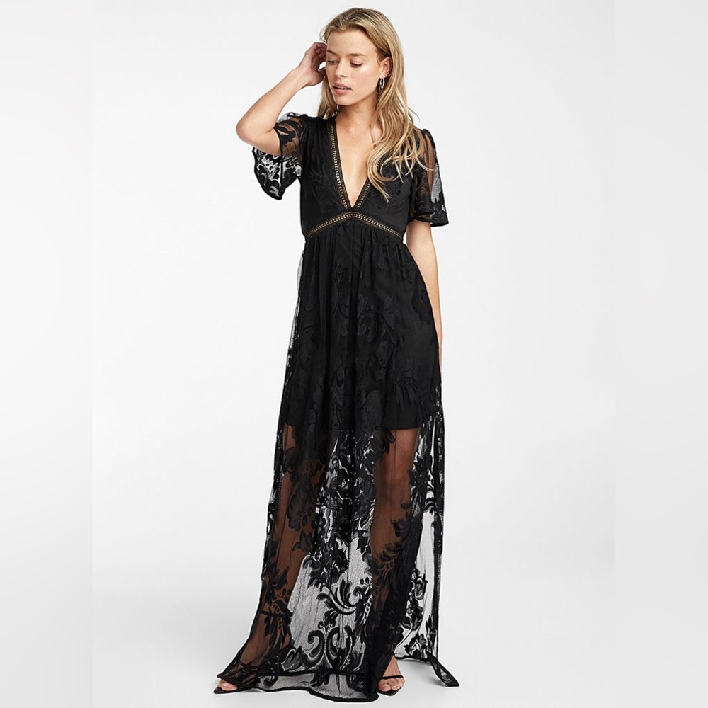 Black Lace Maxi Dress (Free People Style) – Sheer Overlay, V Neck, Medium